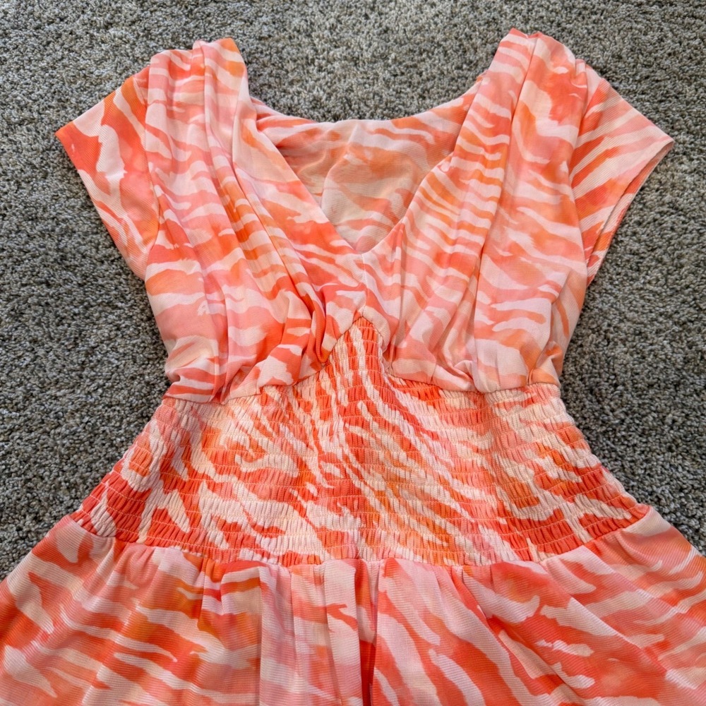 DR2 Women Orange Zebra Print Mesh Smocked Peplum Top V-Neck Size S Summer Vibe - Picture 5 of 5